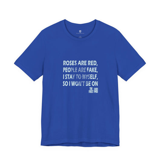 Blue t-shirt with white text on a white background