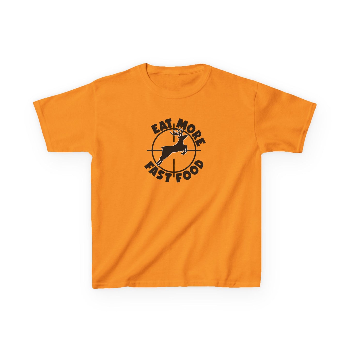 Orange t-shirt with black graphic and text on a white background