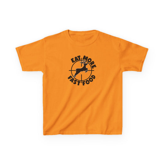 Orange t-shirt with black graphic and text on a white background