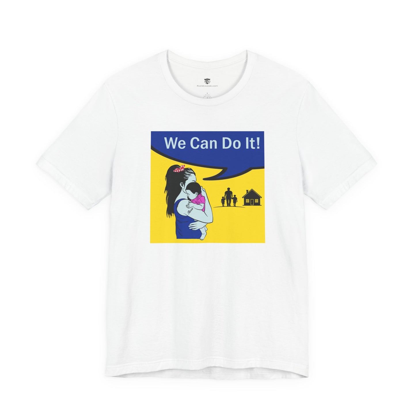 White t-shirt with graphic design featuring a woman holding a baby and text 'We Can Do It!' on a yellow background.