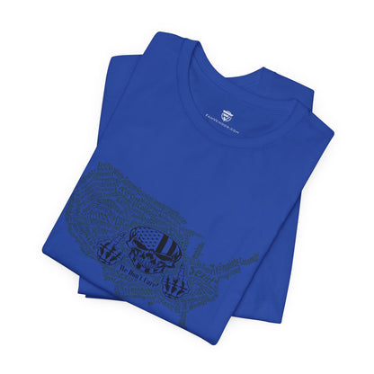 Folded blue t-shirt with graphic design on a white background