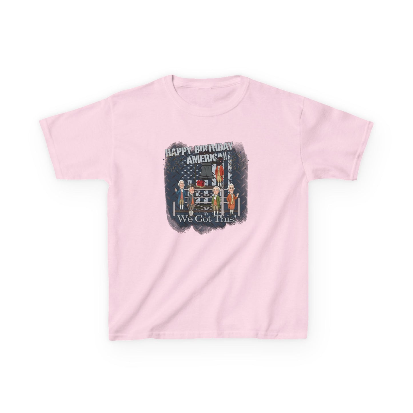Pink t-shirt with graphic design and text on a white background