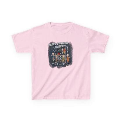 Pink t-shirt with graphic design and text on a white background