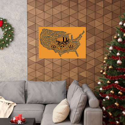 Living room with a gray sofa, Christmas tree, and decorative wall art.