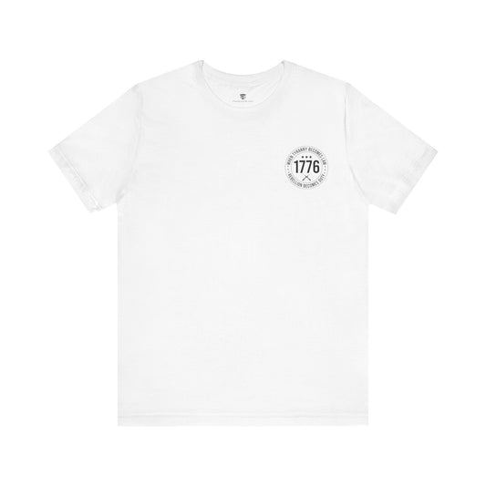 White t-shirt with a circular logo on a white background