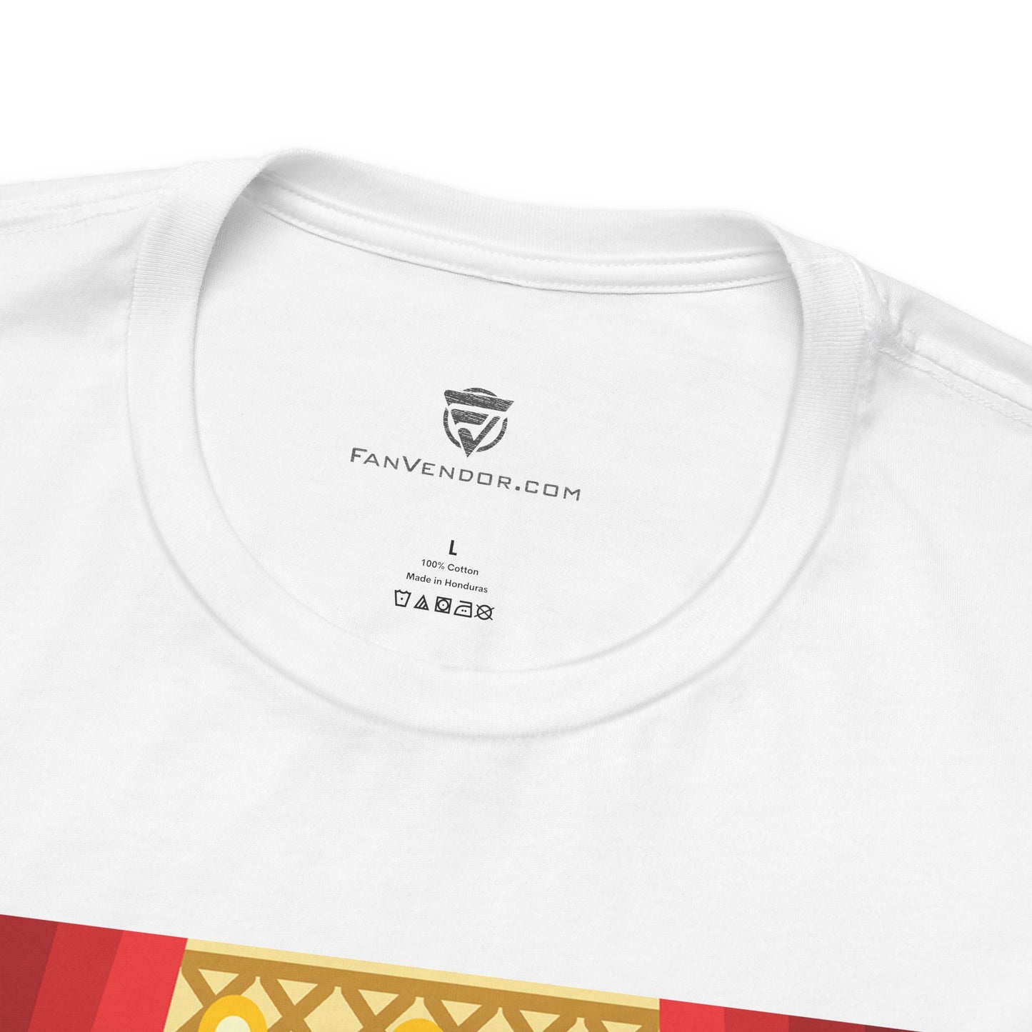 White t-shirt with a brand logo and text on the collar, featuring 'FanVendor.com'.