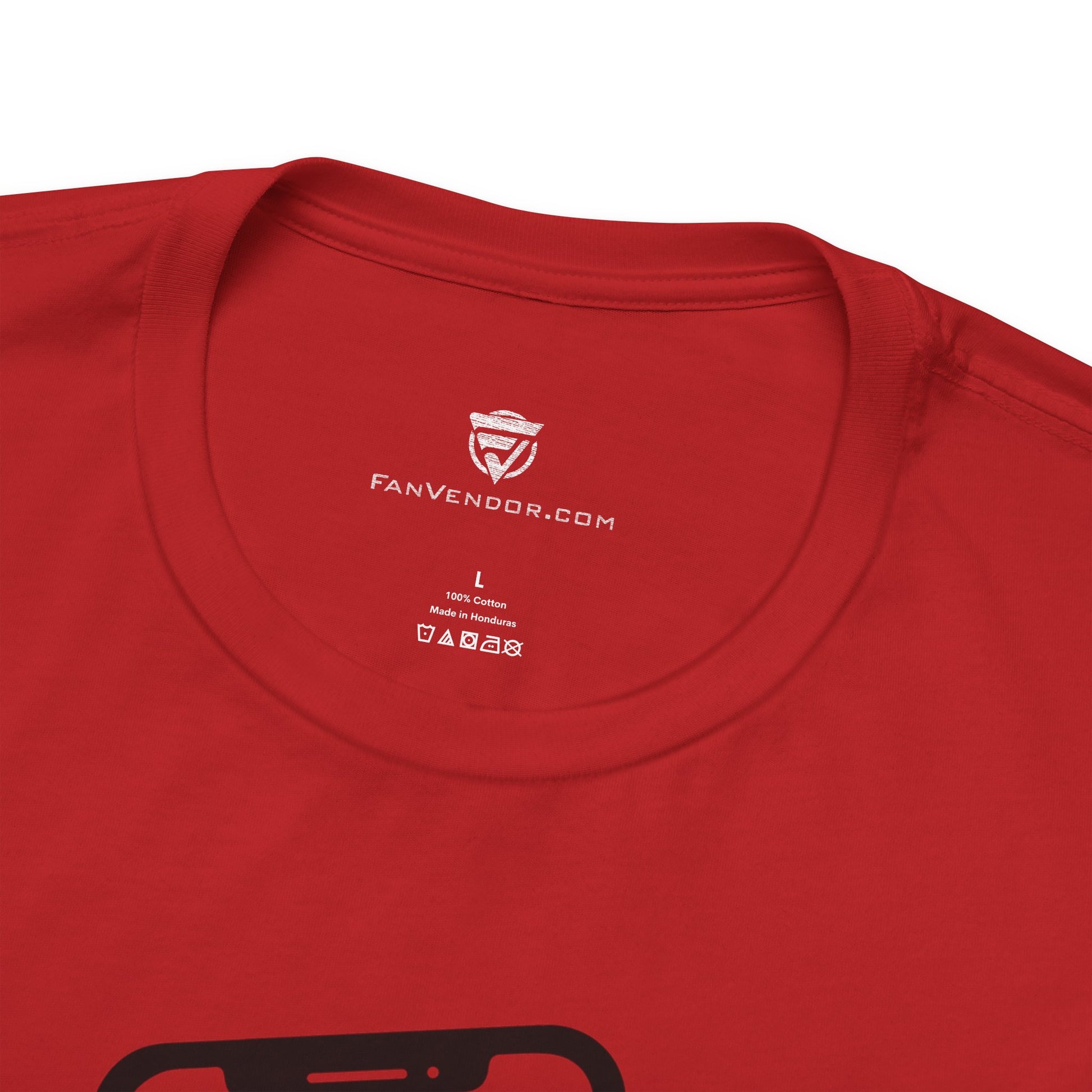 Red t-shirt with 'Fanvendor.com' logo and text on a white background