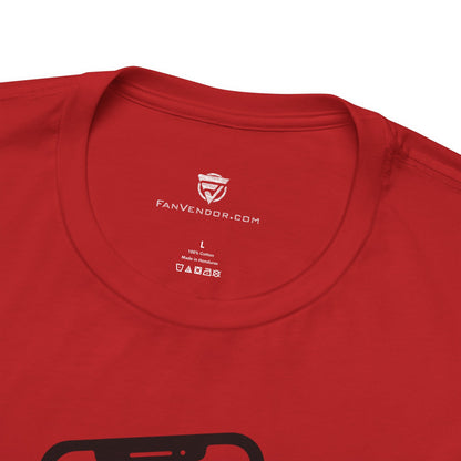 Red t-shirt with 'Fanvendor.com' logo and text on a white background