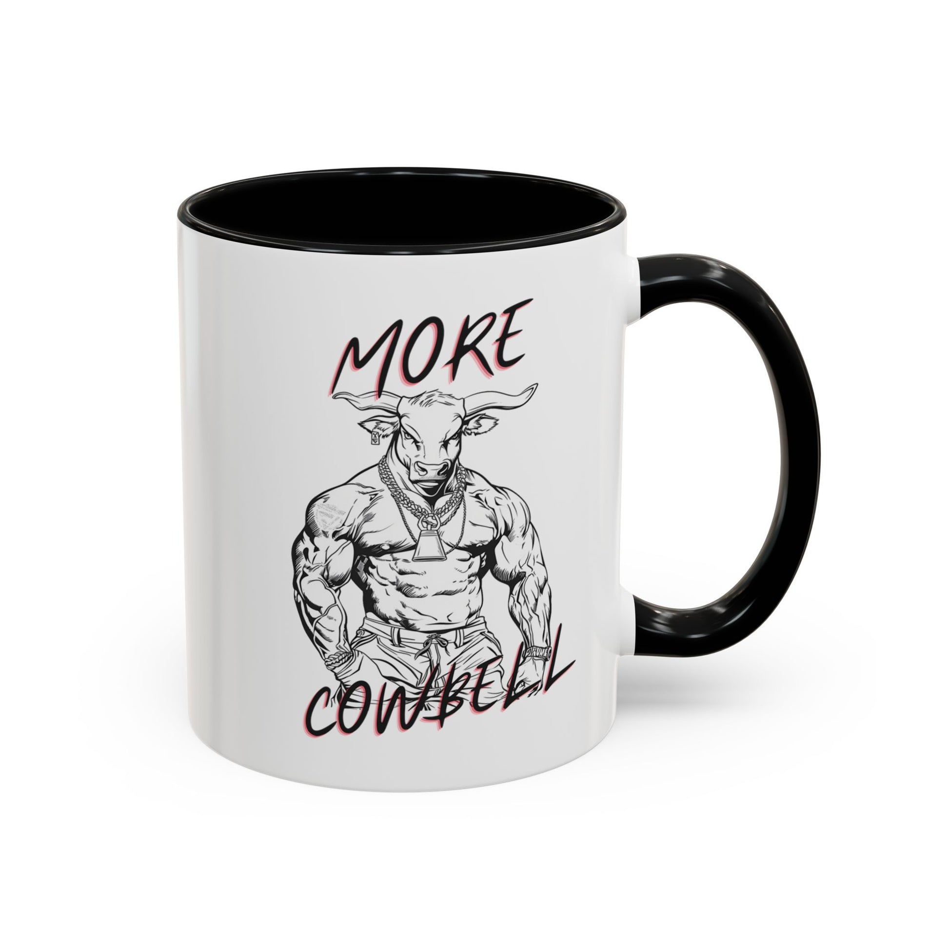 Mug with a graphic of a muscular bull and text 'More Cowbell' on a white background