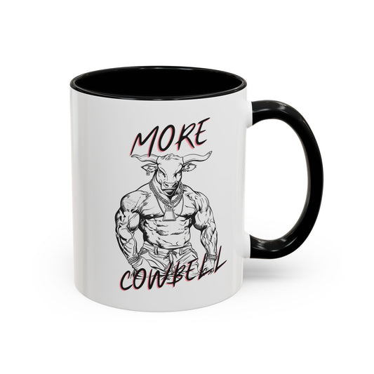 Mug with a graphic of a muscular bull and text 'More Cowbell' on a white background