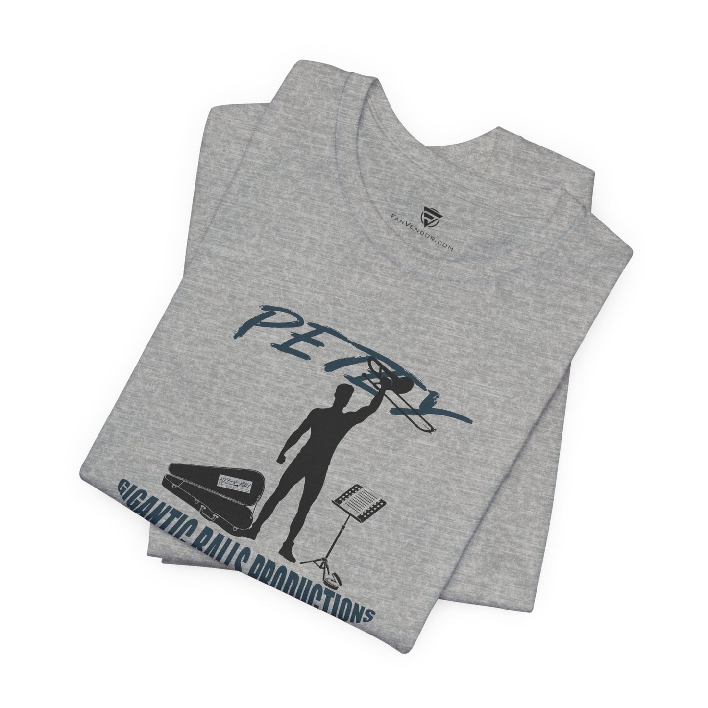 Gray t-shirt with graphic design and text on a white background