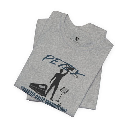 Gray t-shirt with graphic design and text on a white background