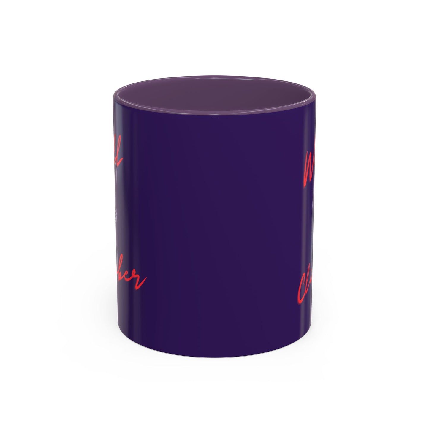 Purple mug with red text on a white background