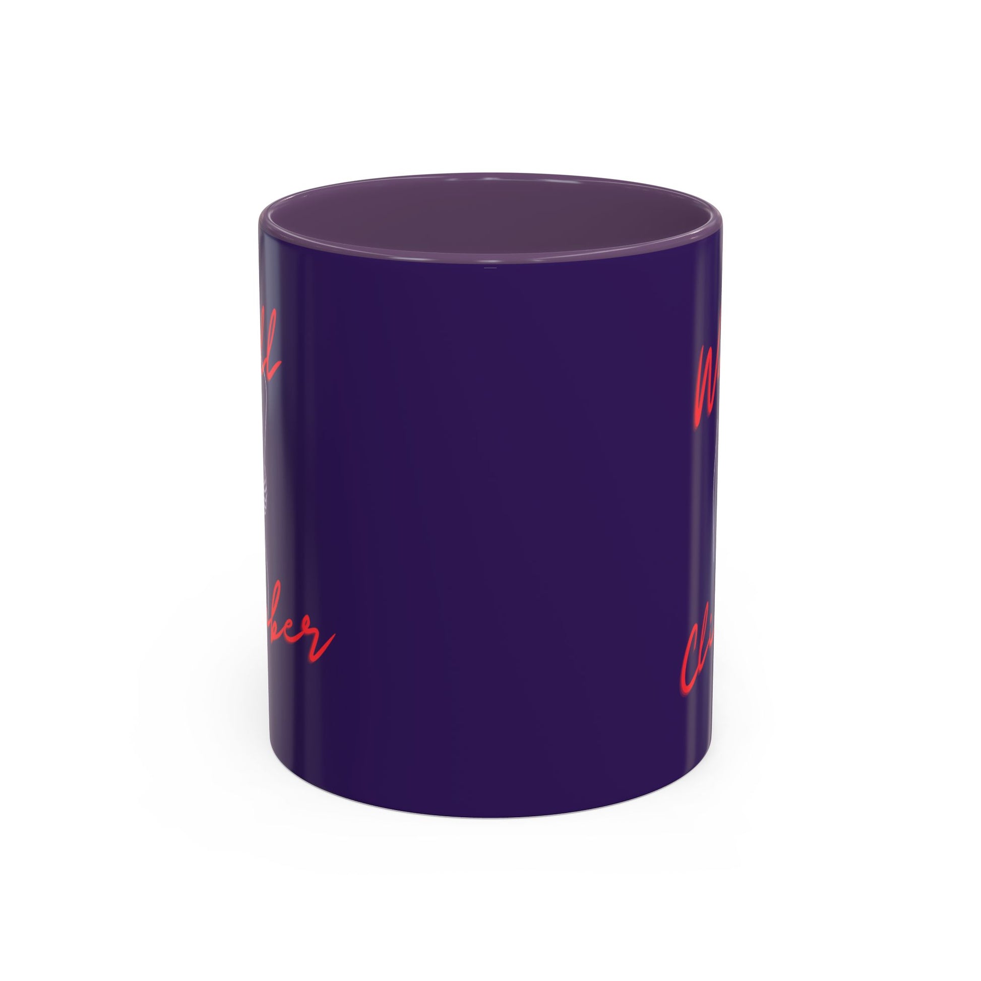 Purple mug with red text on a white background