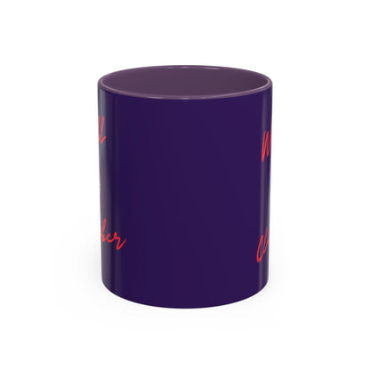 Purple mug with red text on a white background