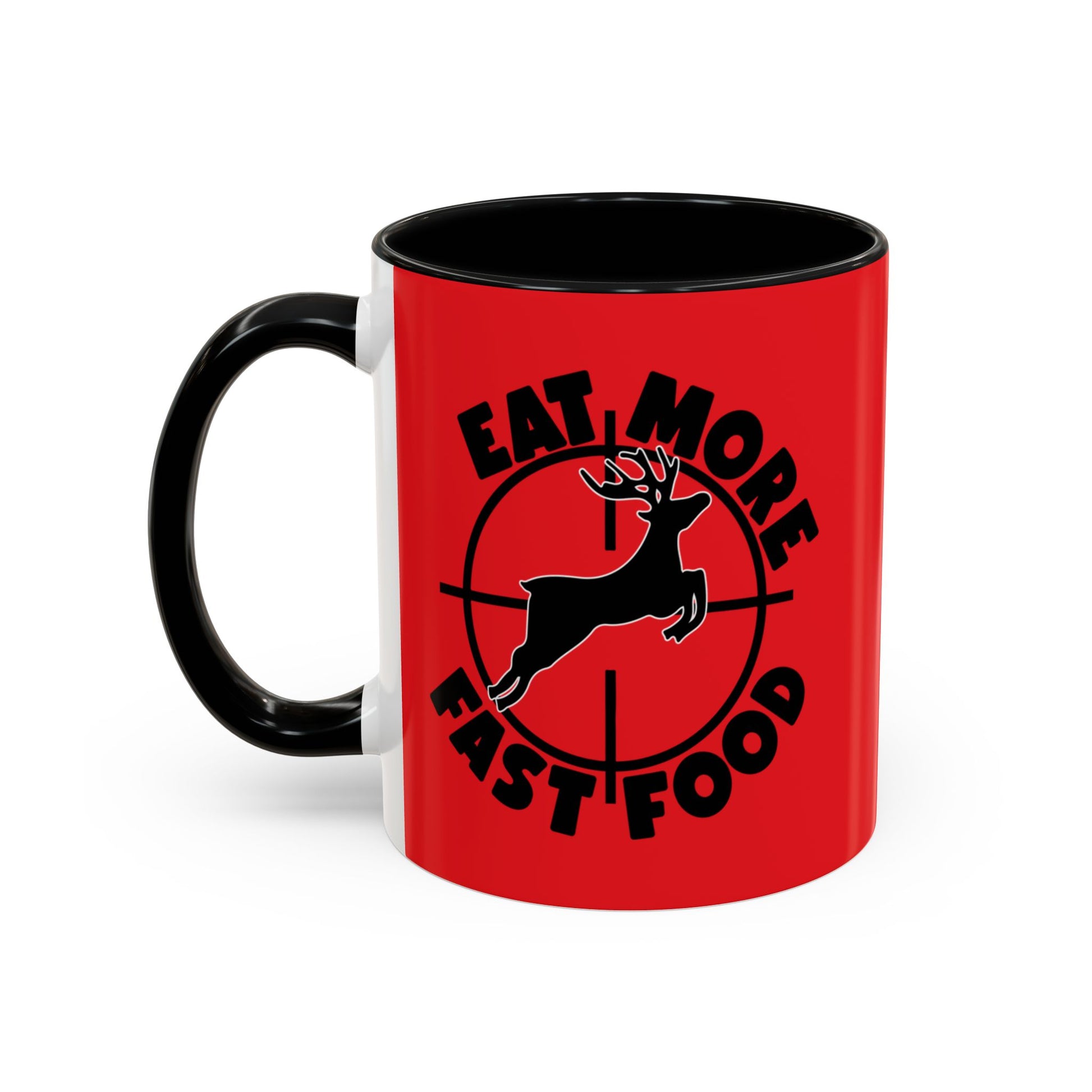Red mug with black interior and handle, featuring a graphic of a deer and text on a white background.