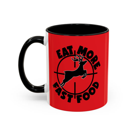 Red mug with black interior and handle, featuring a graphic of a deer and text on a white background.