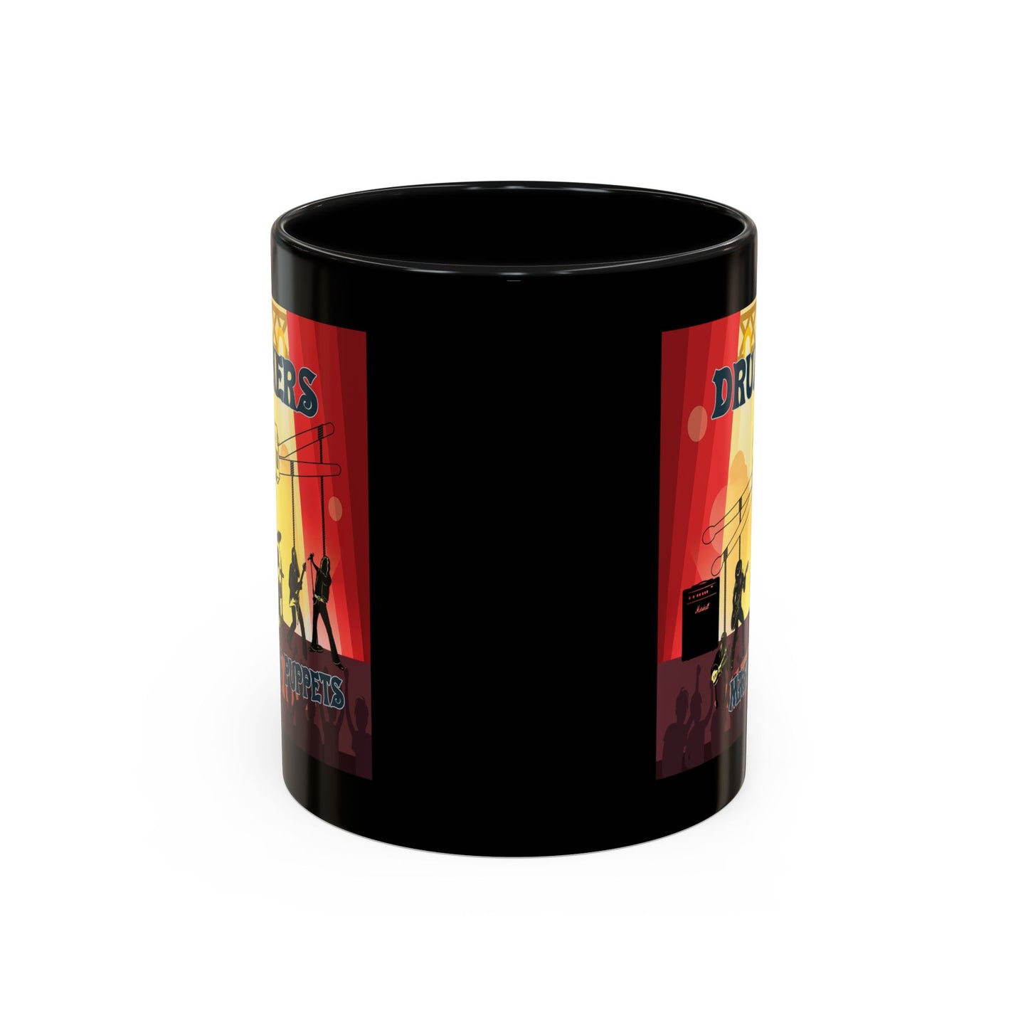 Black mug with colorful graphic design on a white background