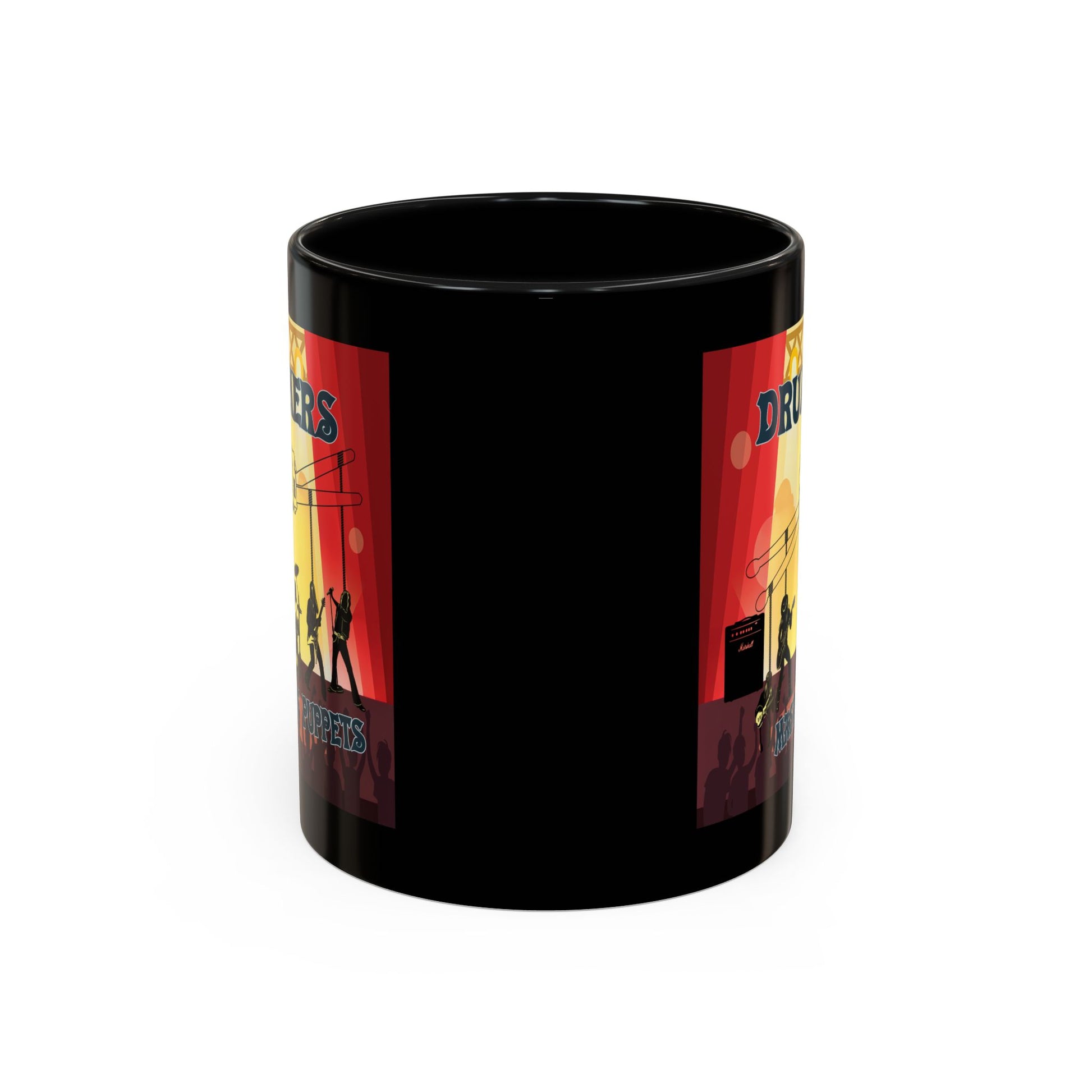 Black mug with colorful graphic design on a white background