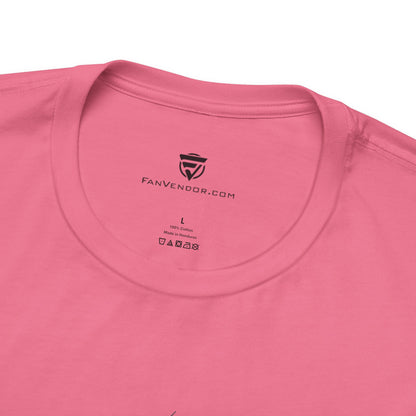 Close-up of a pink t-shirt with 'FanVendor.com' logo and text on the collar.
