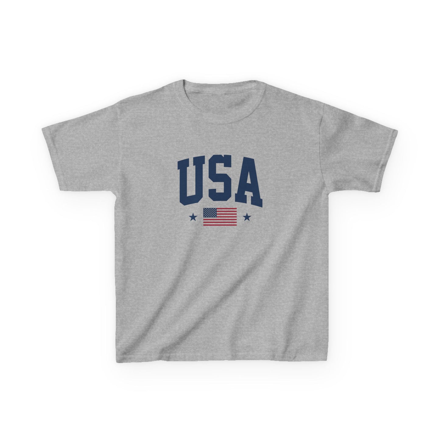 Gray t-shirt with 'USA' and American flag design on a white background