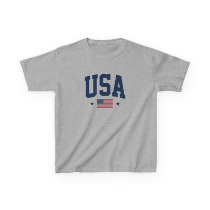 Gray t-shirt with 'USA' and American flag design on a white background