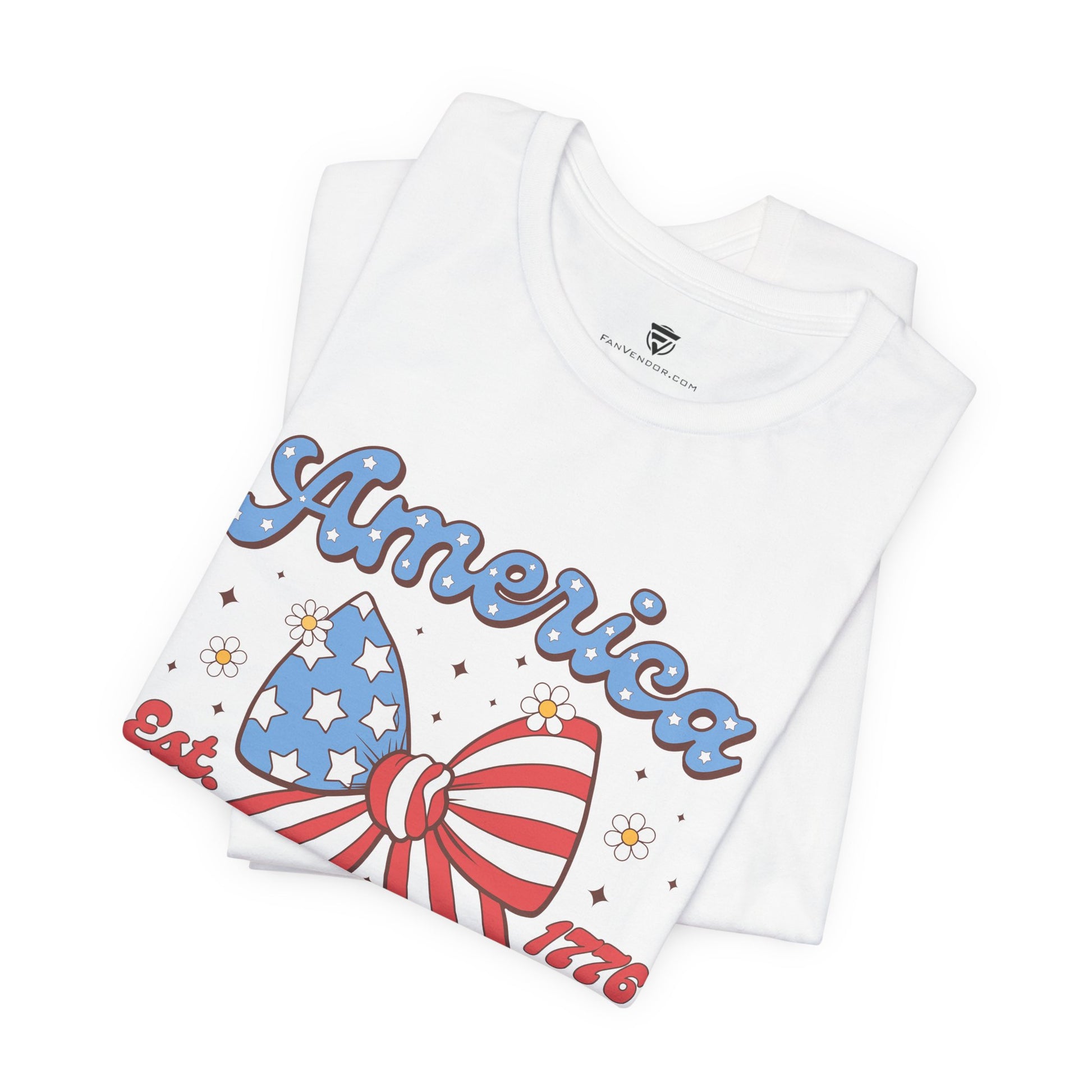 White t-shirt with 'America Est. 1776' design on a white background