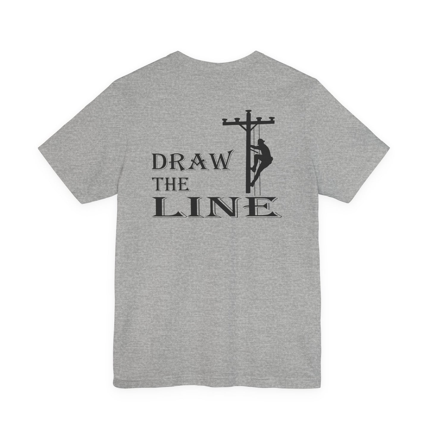 Gray t-shirt with 'Draw the Line' graphic and silhouette on a white background