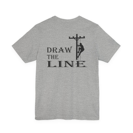 Gray t-shirt with 'Draw the Line' graphic and silhouette on a white background