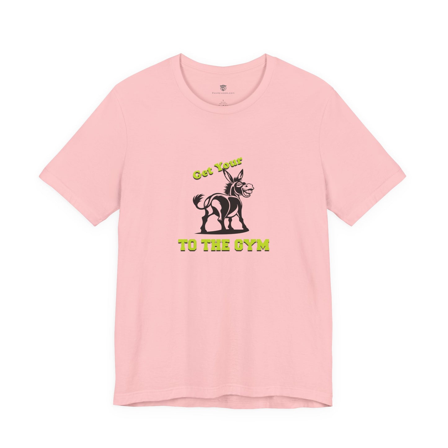 Pink t-shirt with a graphic of a donkey and text on a white background