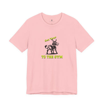 Pink t-shirt with a graphic of a donkey and text on a white background