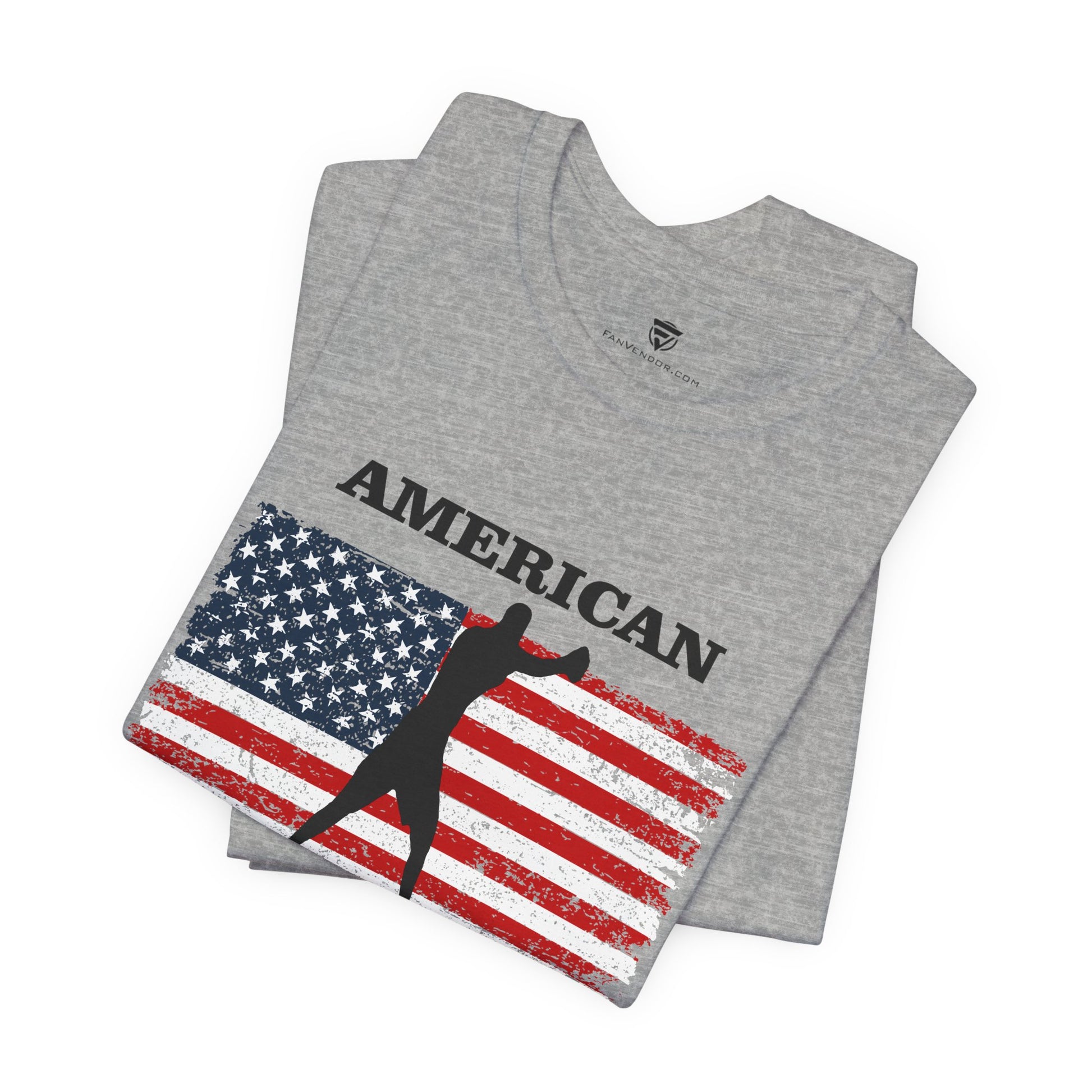 Gray t-shirt with American flag and silhouette design on a white background