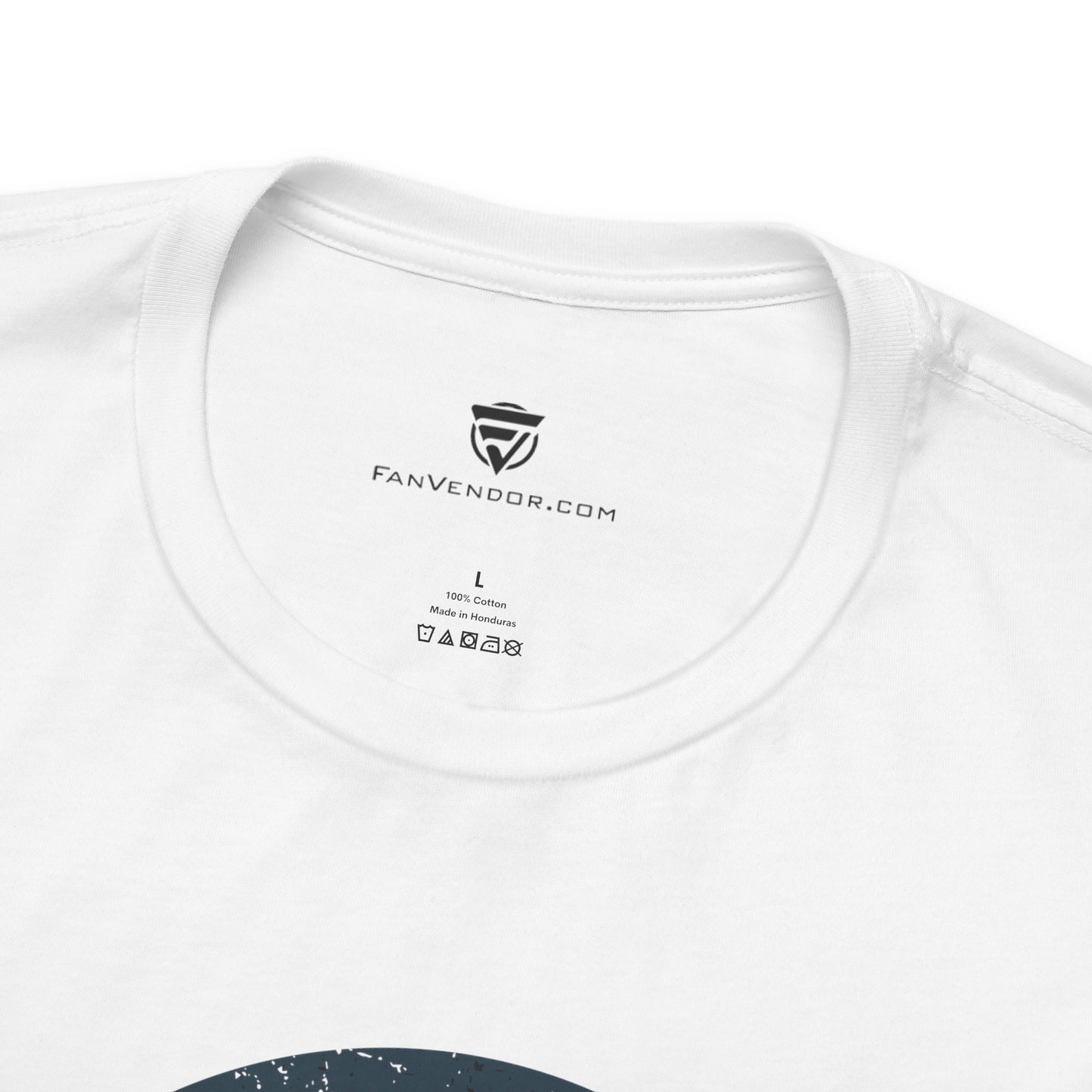 White t-shirt with 'Fanvendor.com' logo and text on a white background