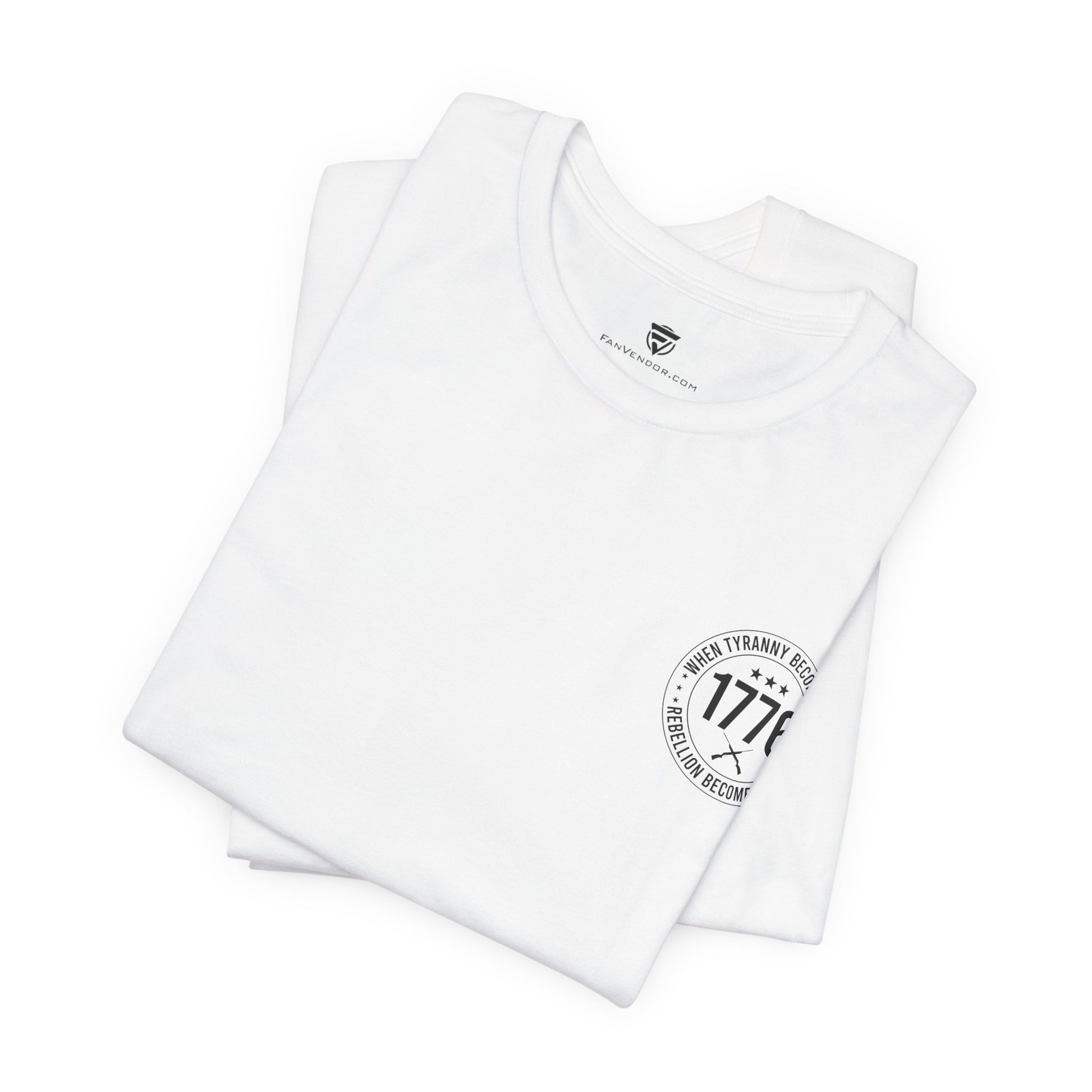 Folded white t-shirt with a black logo on a white background