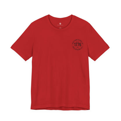 Red t-shirt with a black logo on the chest against a white background