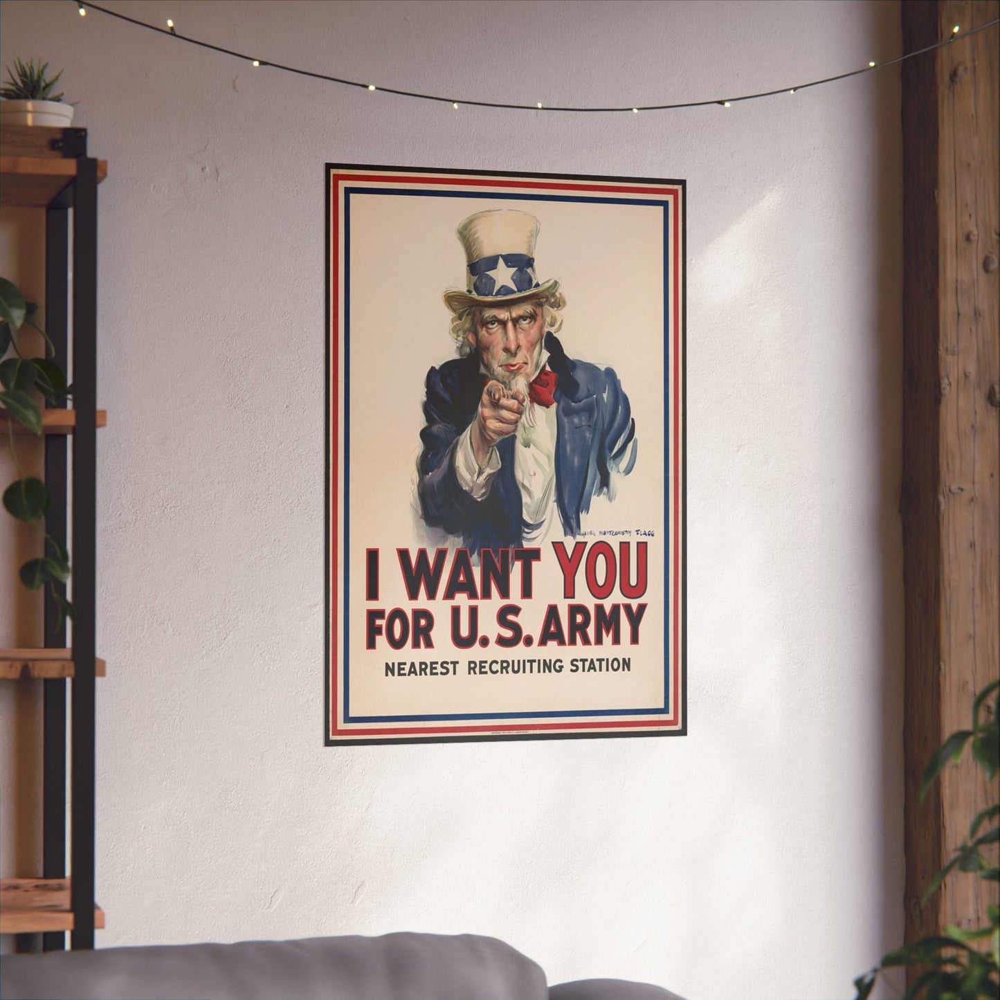 Vintage-style 'I Want You for U.S. Army' poster on a wall in a room with a shelf and plants.