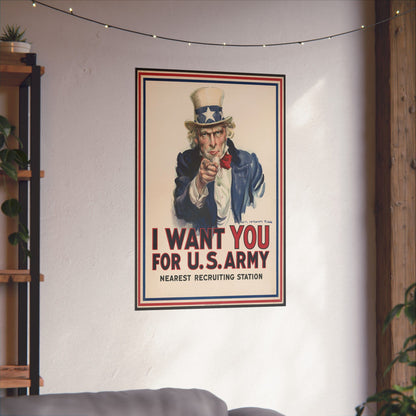 Vintage-style 'I Want You for U.S. Army' poster on a wall in a room with a shelf and plants.