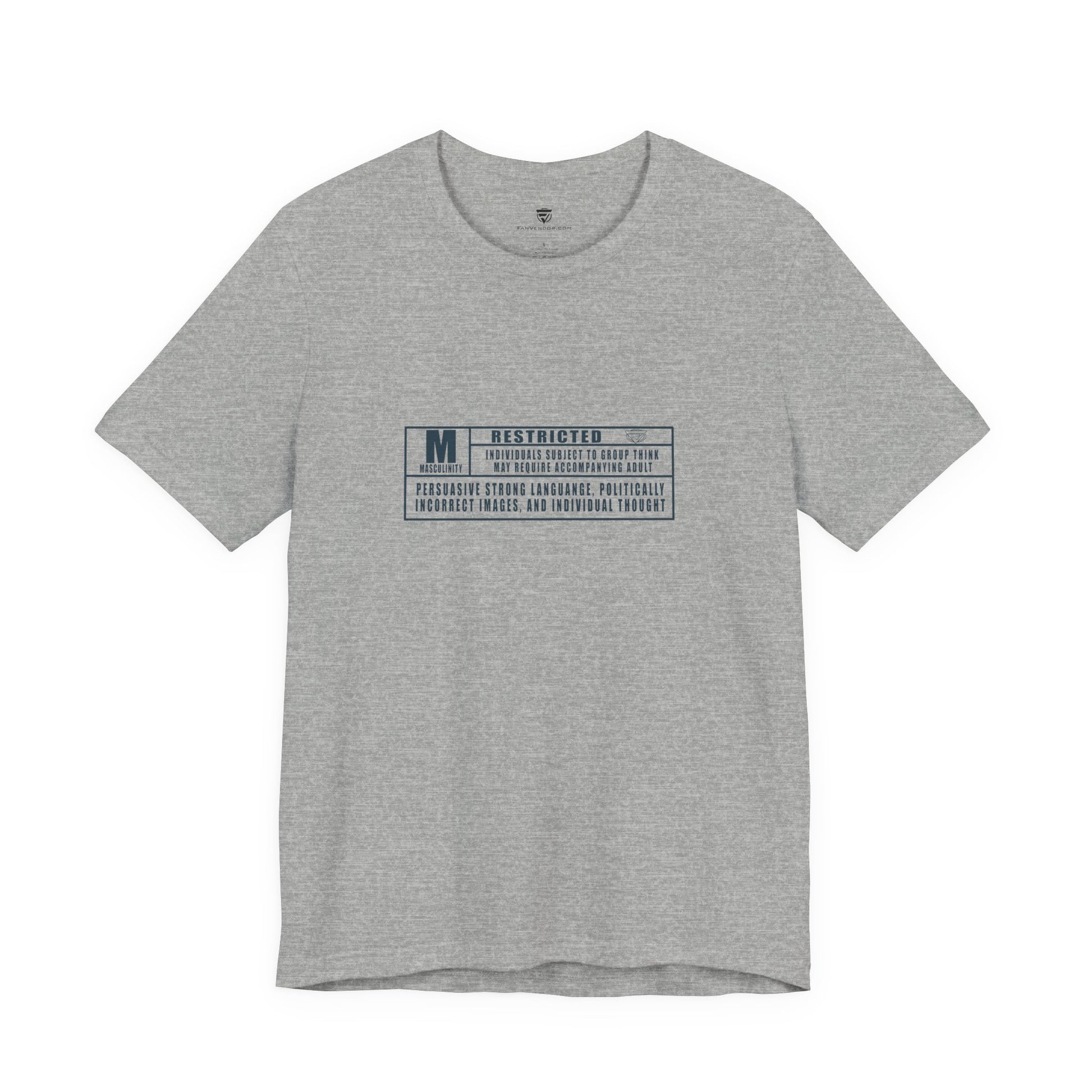Gray t-shirt with text on a white background