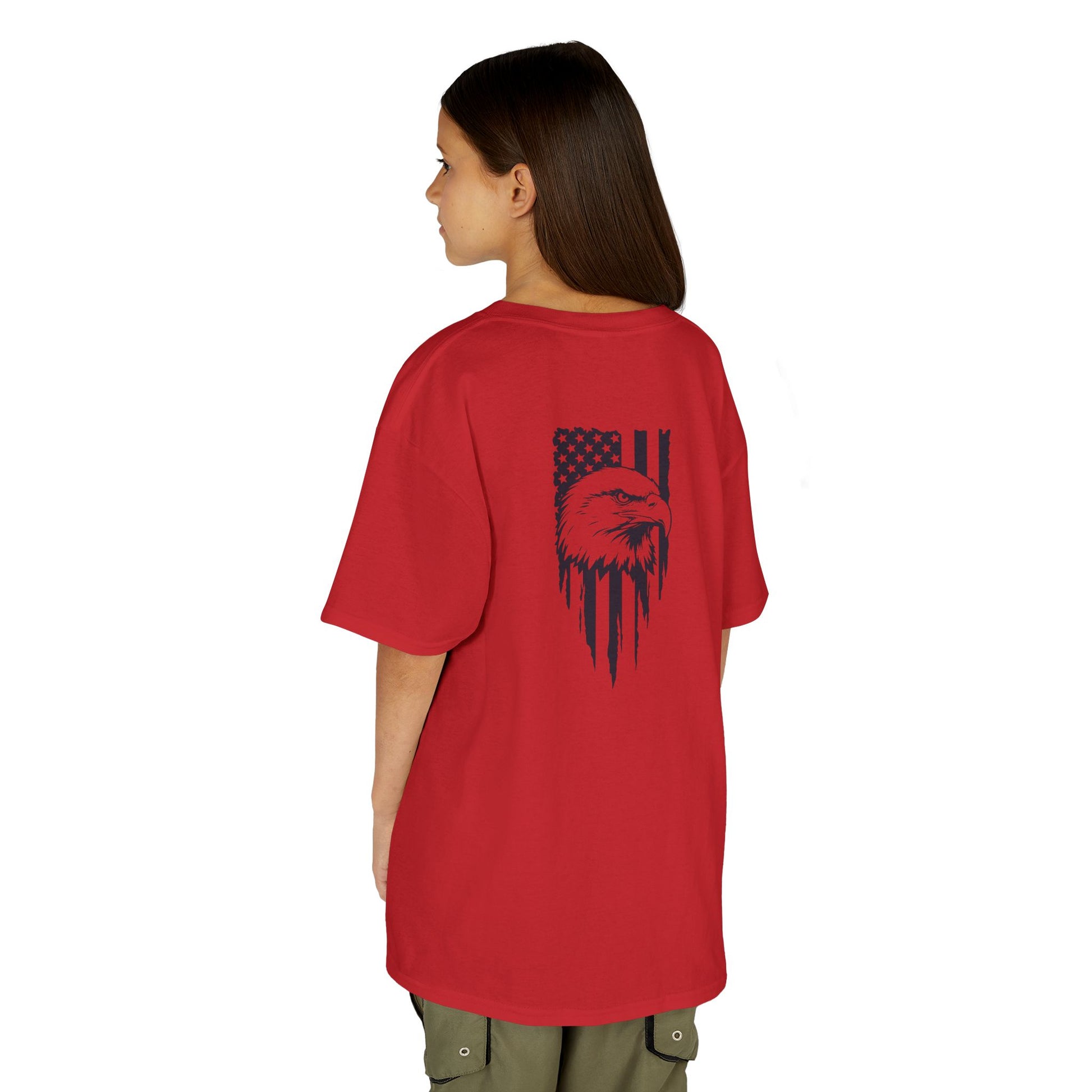 Person wearing a red t-shirt with an eagle and flag design on the back, on a white background