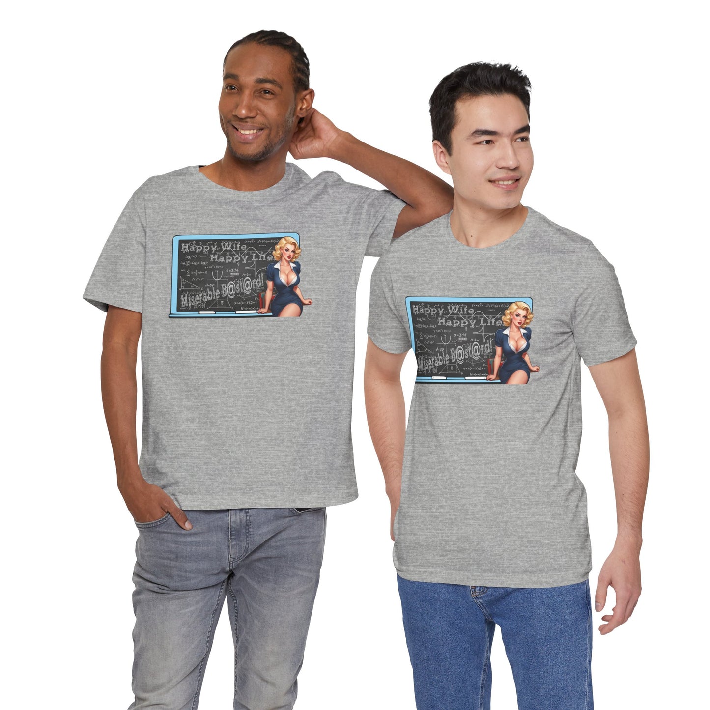 Two men wearing gray t-shirts with a graphic design on a white background