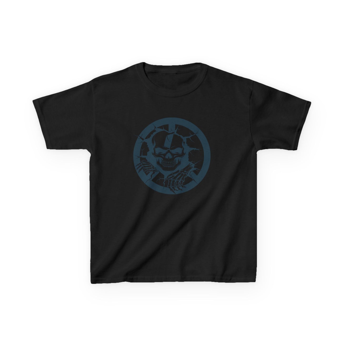 Black t-shirt with a blue graphic design on a white background