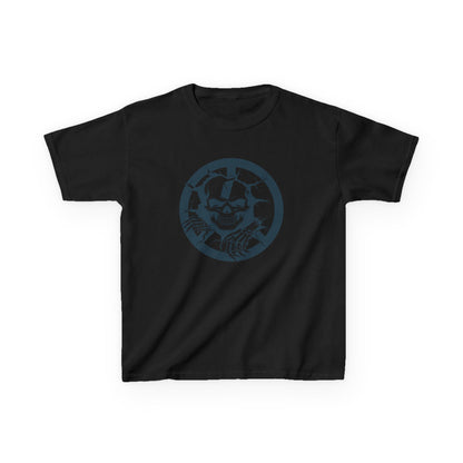 Black t-shirt with a blue graphic design on a white background