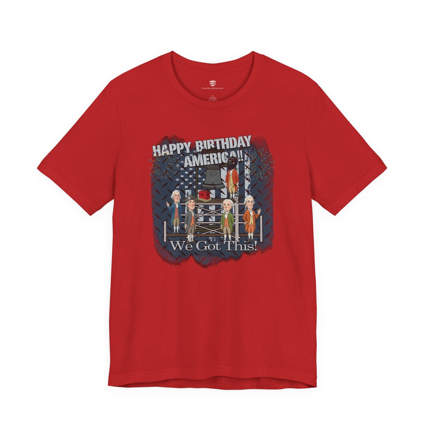 Red t-shirt with graphic design and text on a white background