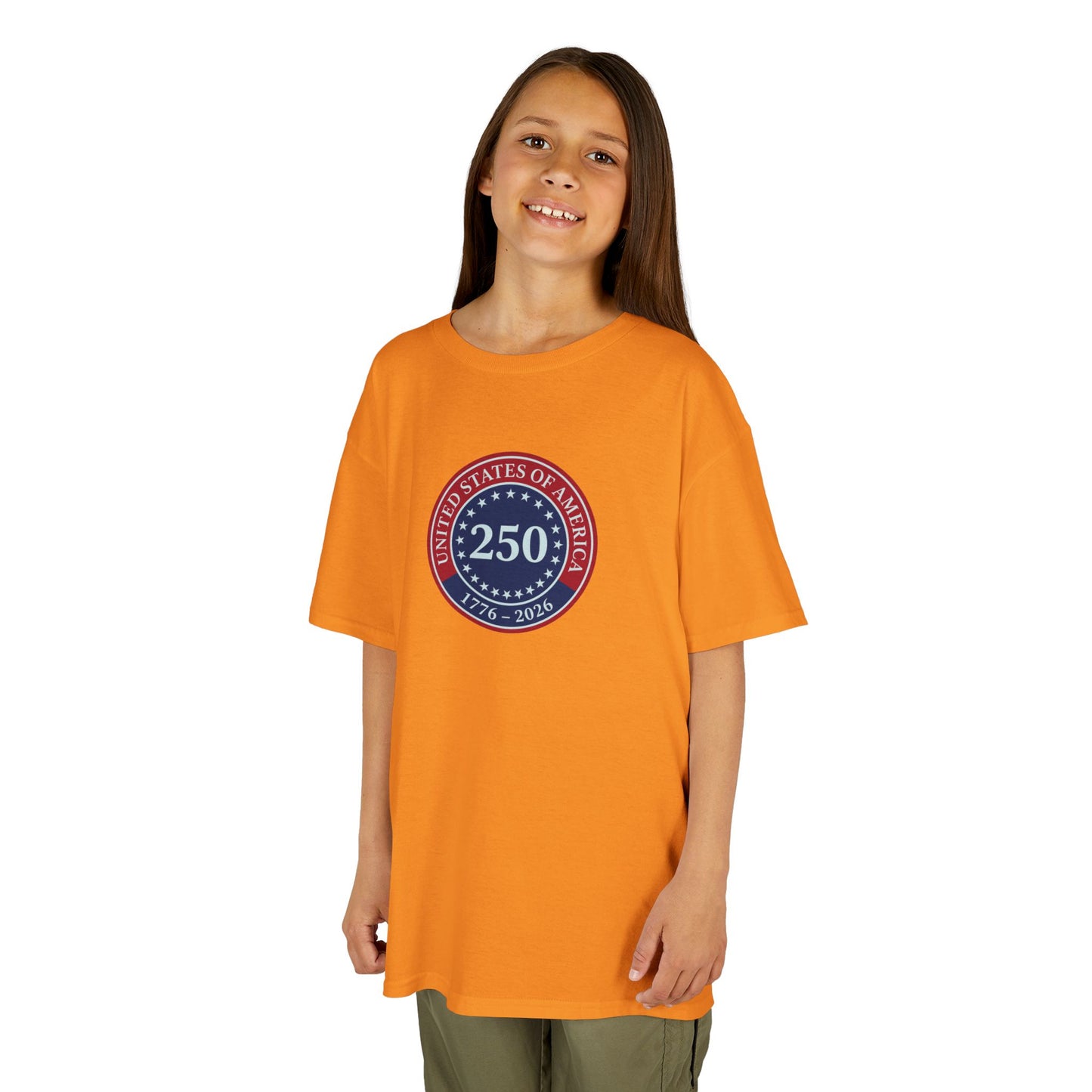 Child wearing an orange t-shirt with a 250th anniversary logo on a white background