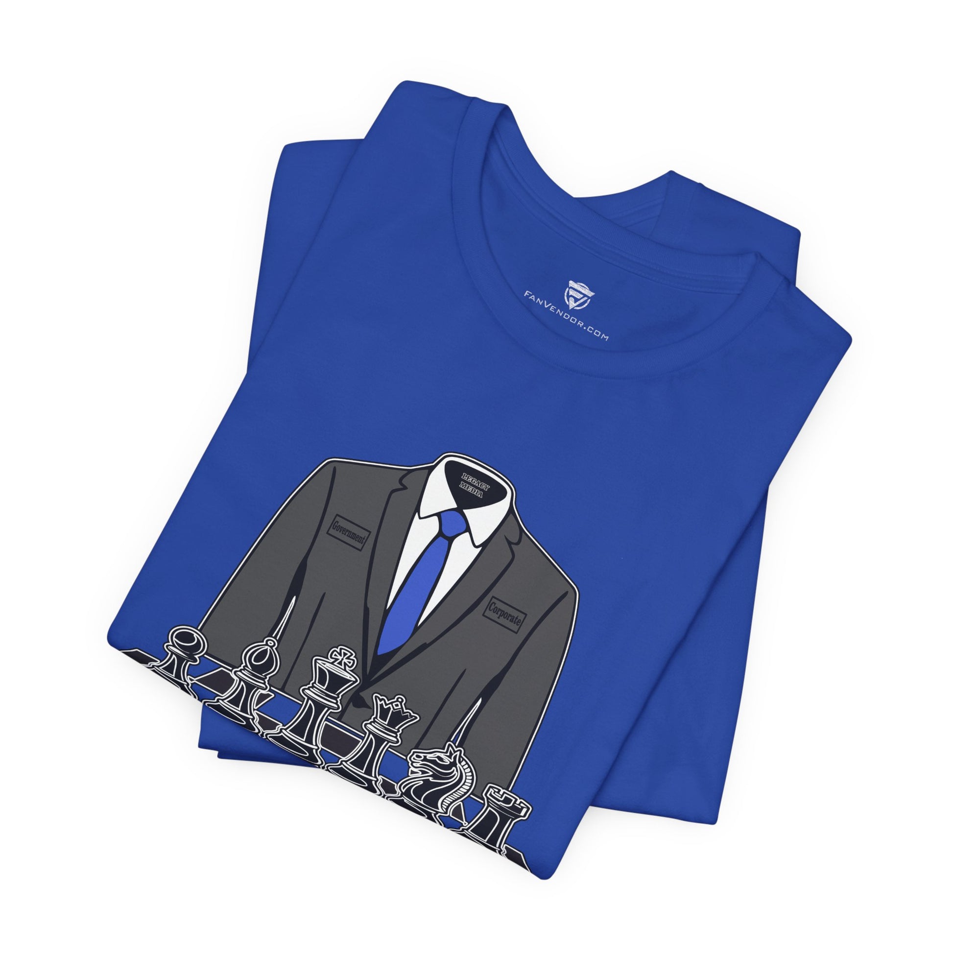 Folded blue t-shirt with a suit and tie graphic on a white background