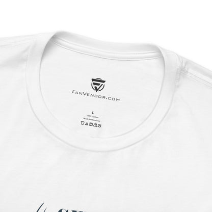 White t-shirt with a brand logo and text on the collar area