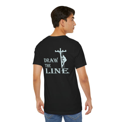 Person wearing a black t-shirt with 'Draw the Line' graphic and text on the back.