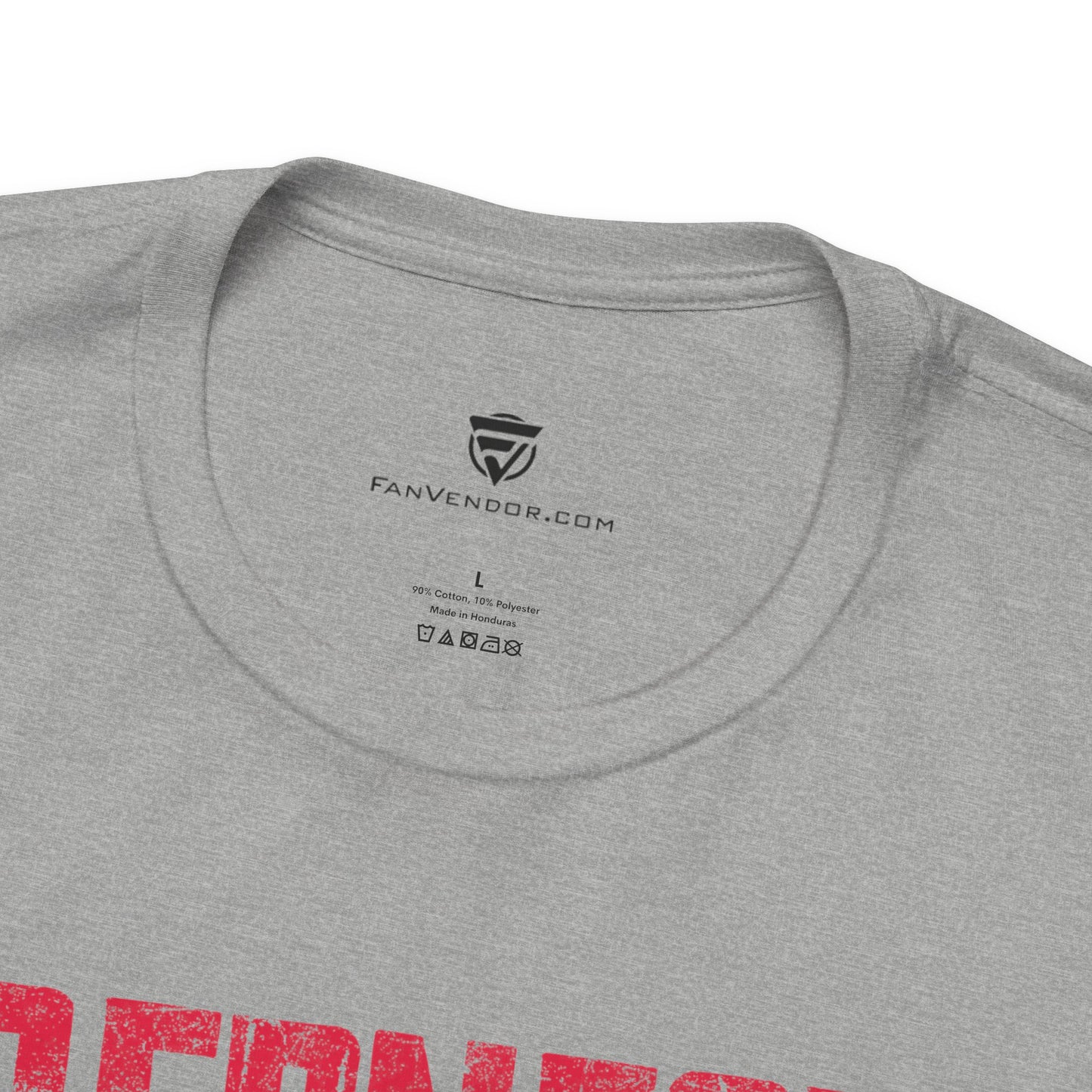 Gray t-shirt with red text and 'FanVendor.com' logo on a white background