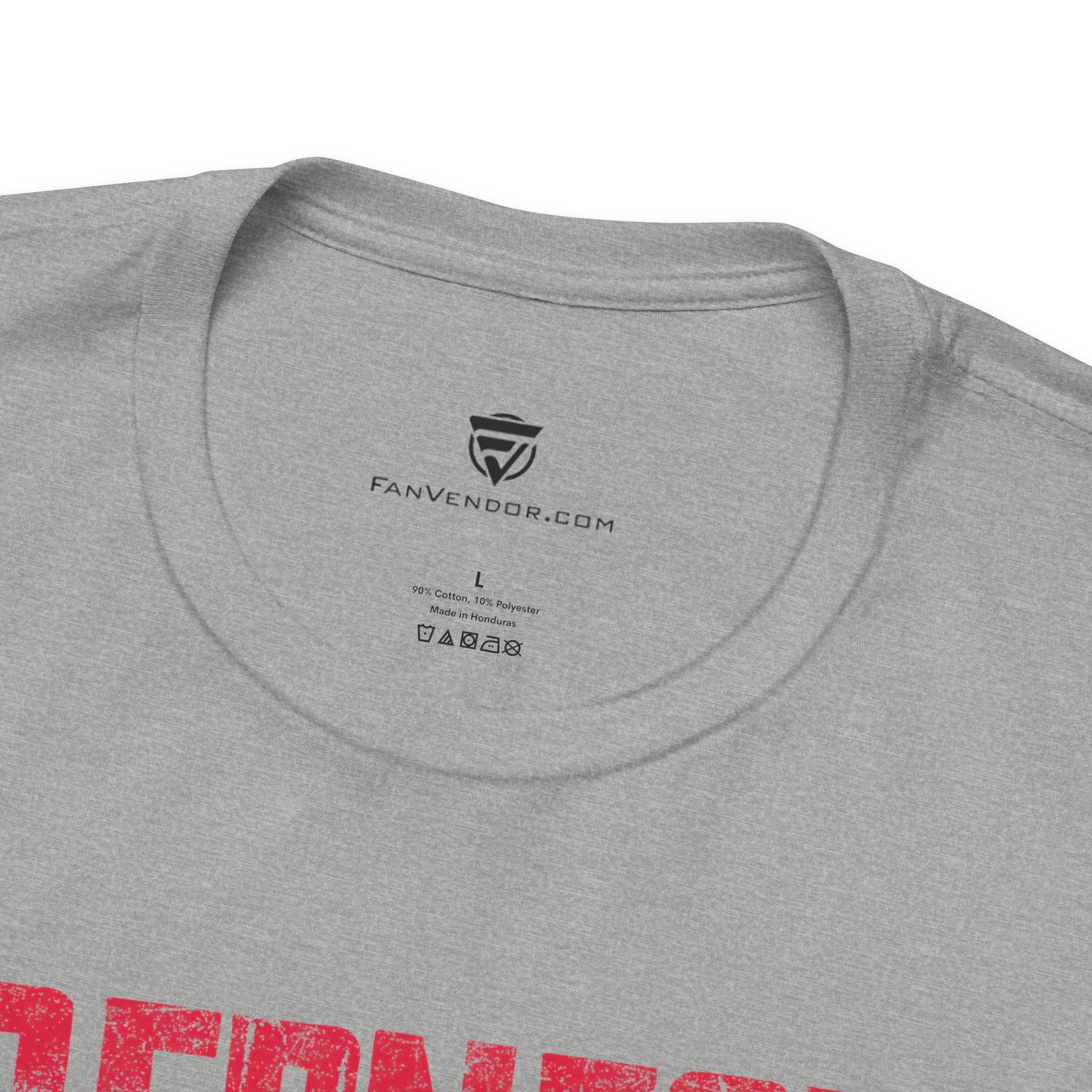 Gray t-shirt with red text and 'FanVendor.com' logo on a white background
