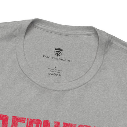 Gray t-shirt with red text and 'FanVendor.com' logo on a white background